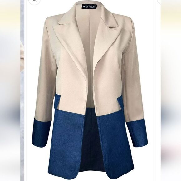 NWT Malabay Marina Block Contrast Blazer Jacket Faux Denim Oversized - Picture 2 of 8